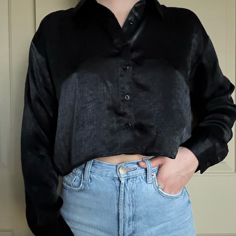 Black Satin Women's Button Down